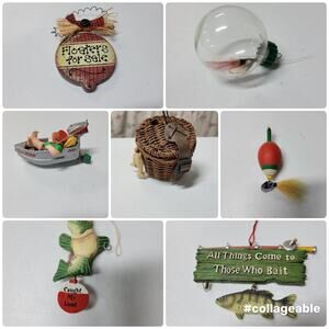 Lot of 7 Unique Vintage Fishing Ornaments-Bobbers , Boat ,Creel,and Signs Decor